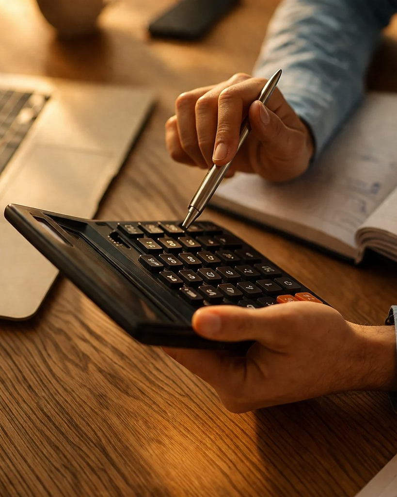 Hands working a calculator beside a ledger, pricing up a job before it starts