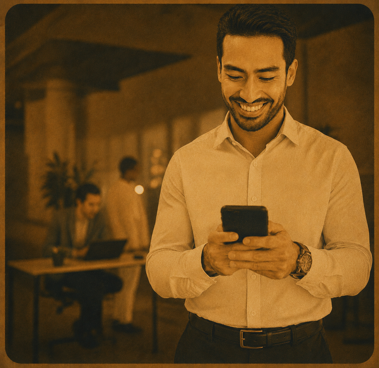 A client smiling at their phone after settling an invoice in one click