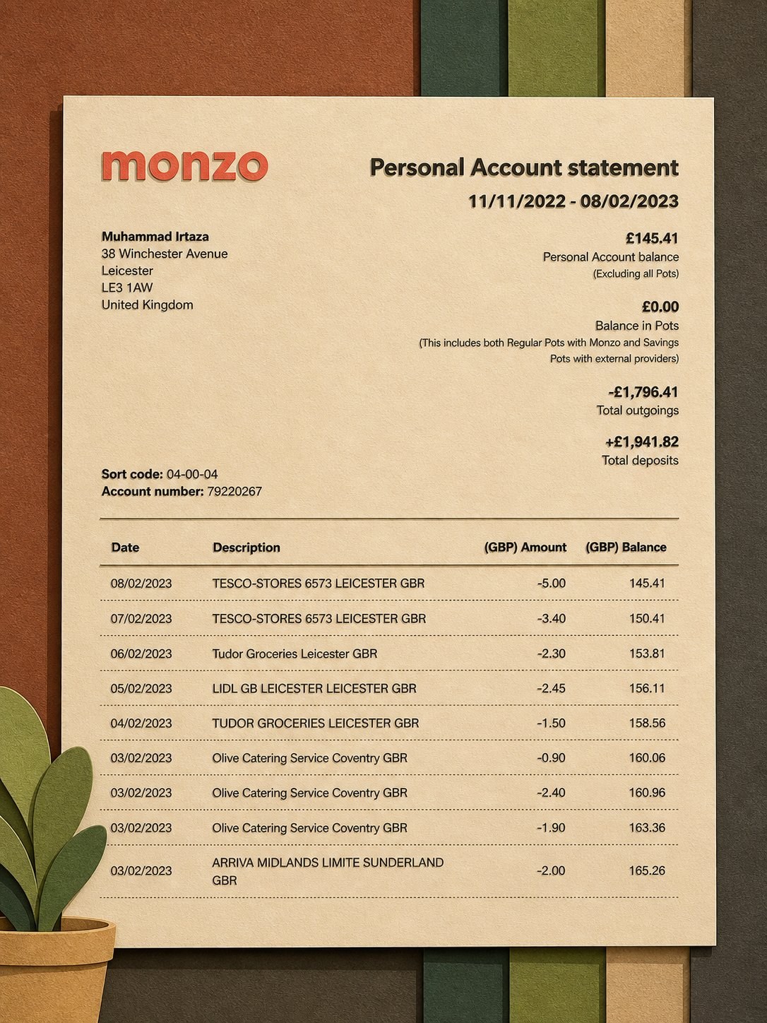 Bank statement - address may not reflect current residence