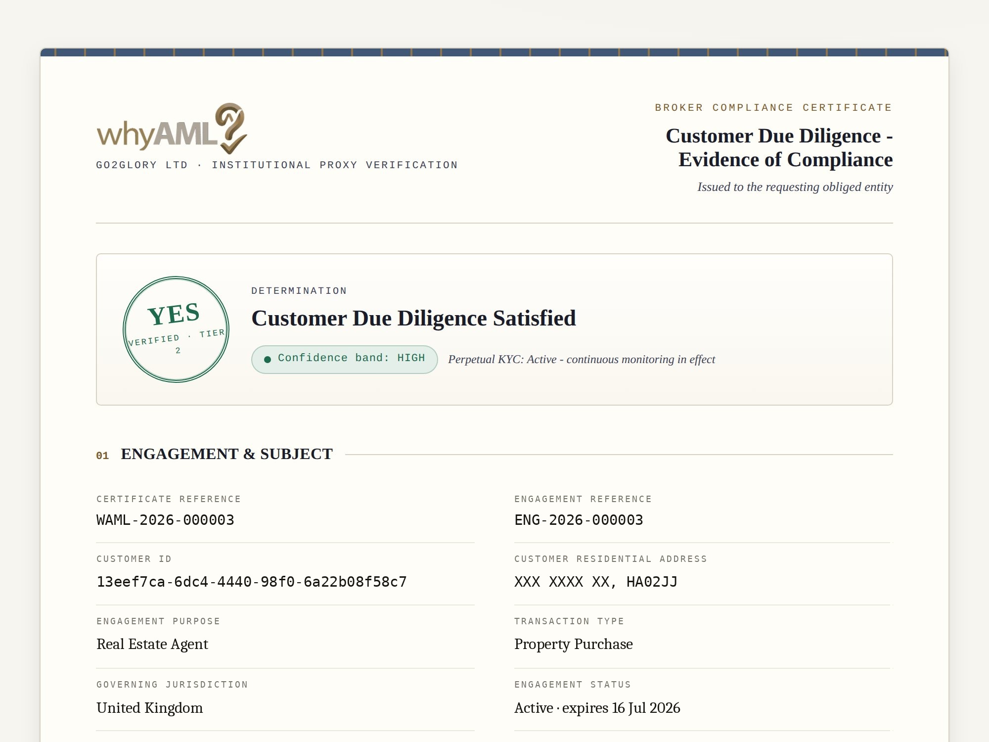 WhyAML compliance certificate showing the YES determination - Customer Due Diligence Satisfied.