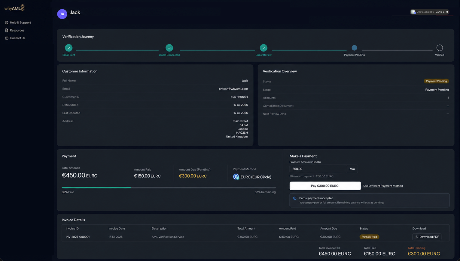 WhyAML customer record showing the verification journey, the invoice part paid in EURC, and the remaining balance pending