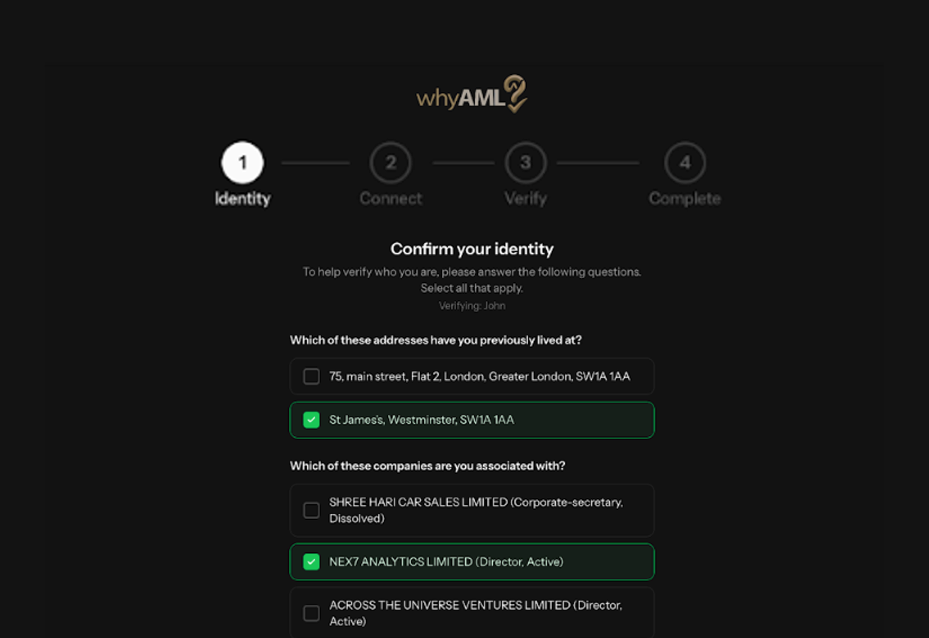 WhyAML client-side screen showing knowledge-based identity questions