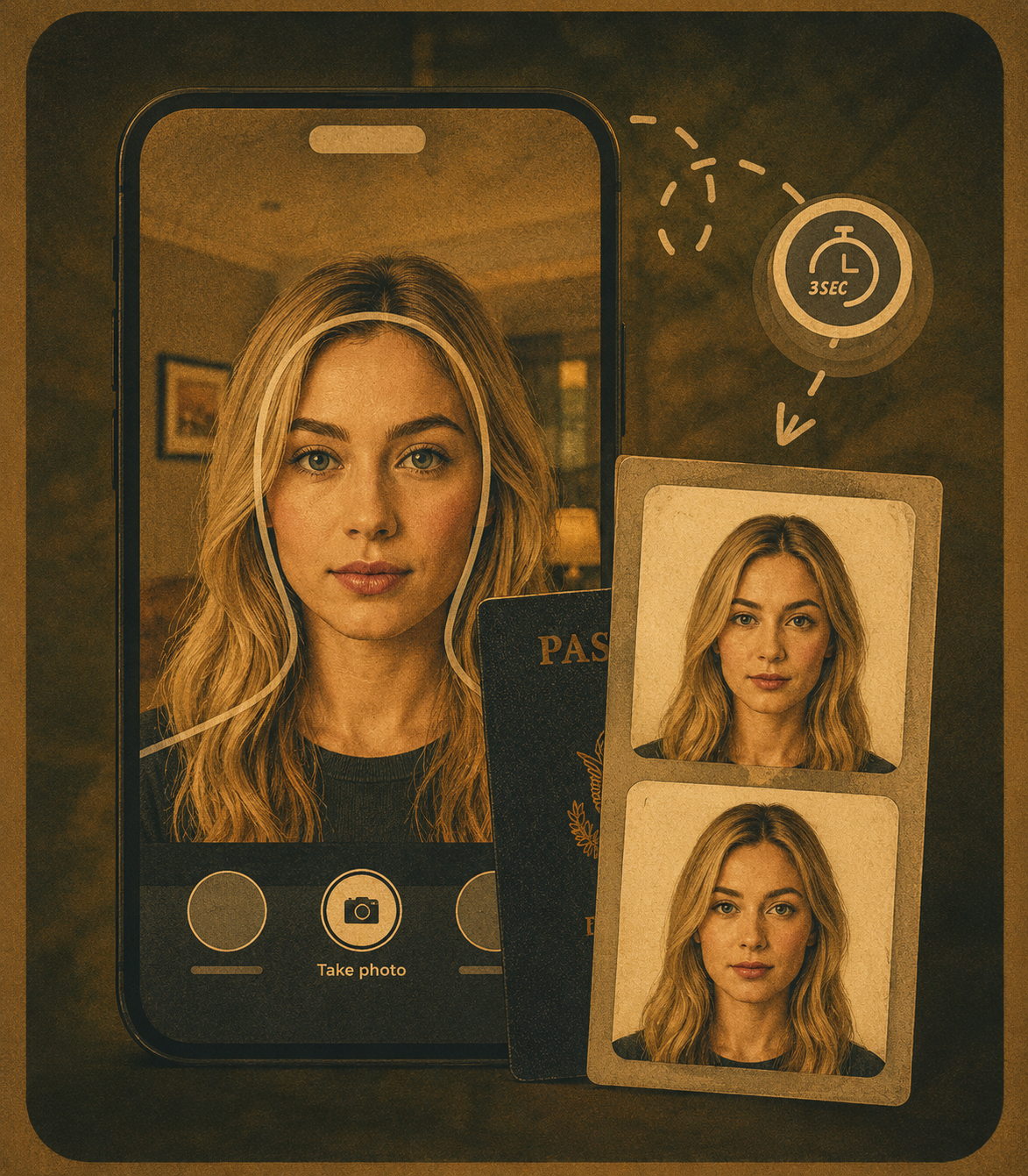 A phone taking a selfie beside a passport and printed photo prints - the document and biometric capture WhyAML never asks for.
