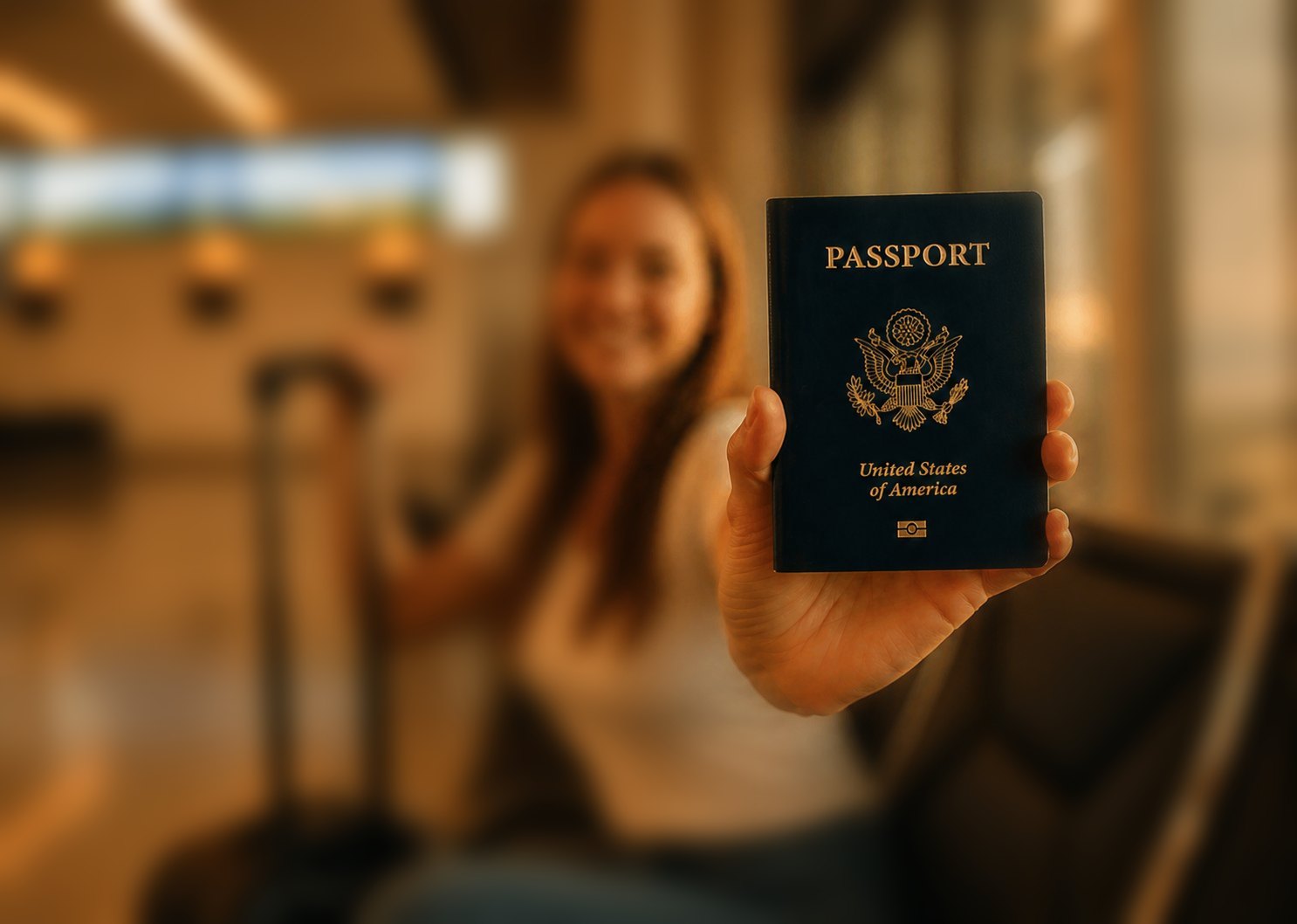 Illustration: compliance certificate with a tick, client smiling holding their passport. Signal of everyone wins.