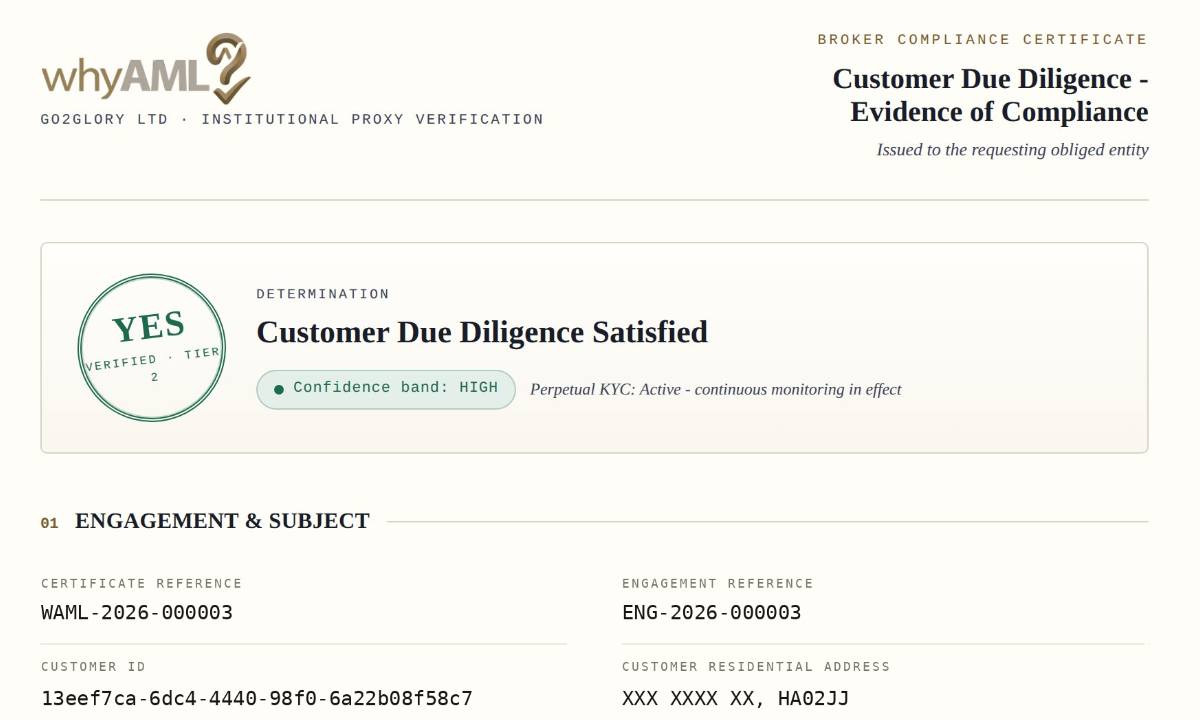 WhyAML compliance certificate showing Customer Due Diligence Satisfied
