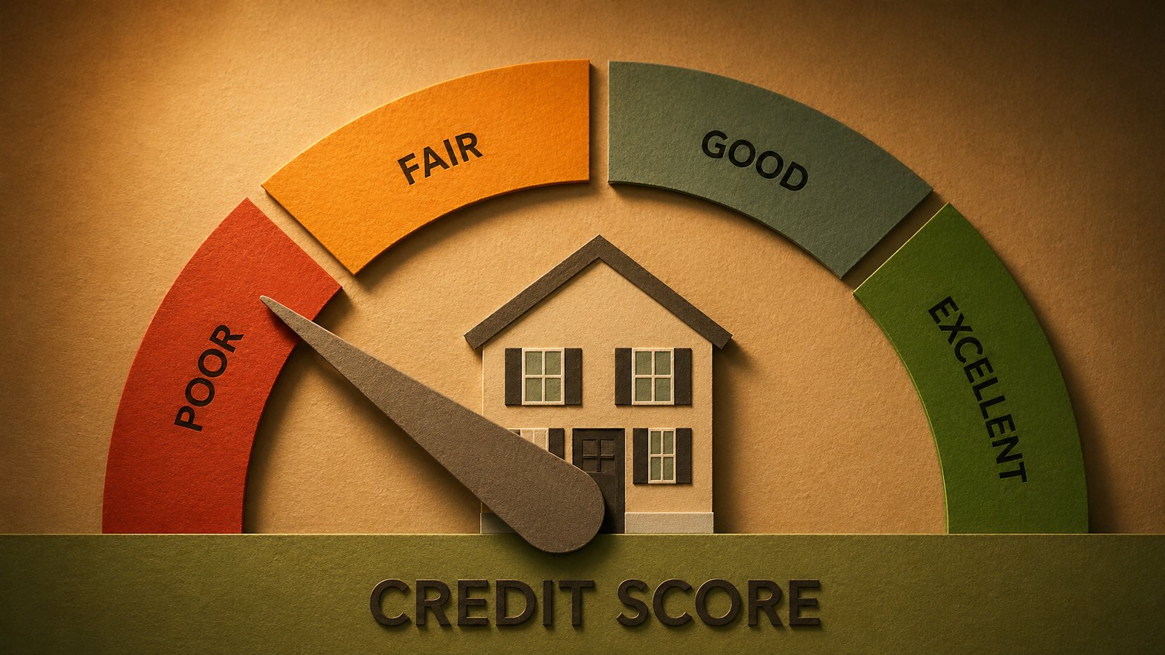 Empty credit report. Dashes where scores should be. Arrow landing on no data.