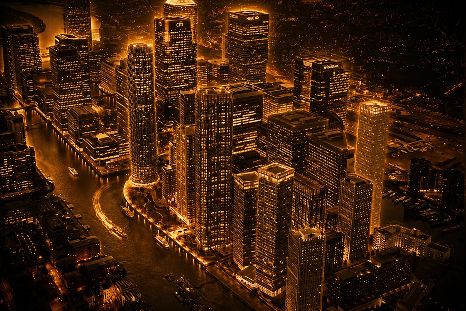 Aerial view of a financial district at night, towers lit against a black sky